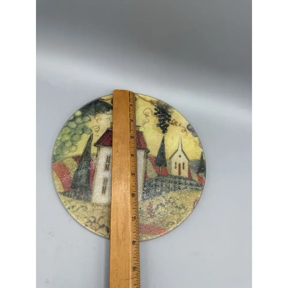 Vintage Round Glass Trivet Hot Plate Country Farmhouse Scene 7.5” Kitchen Decor